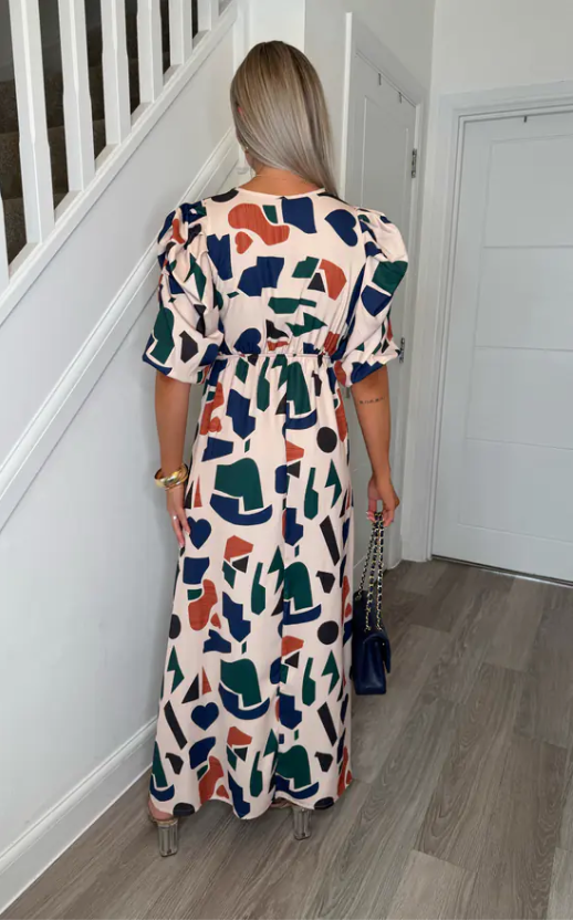 Brooklyn Beige Symbolic Ruched Sleeve Maxi Dress