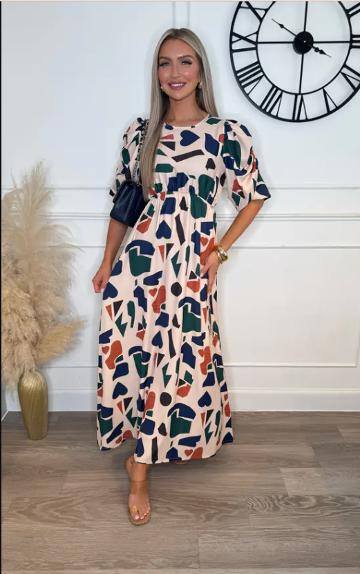 Brooklyn Beige Symbolic Ruched Sleeve Maxi Dress