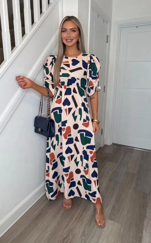 Brooklyn Beige Symbolic Ruched Sleeve Maxi Dress