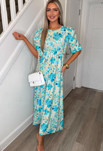 Brooklyn Stone & Blue Floral  Ruched Sleeve Maxi Dress