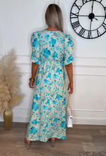 Brooklyn Stone & Blue Floral  Ruched Sleeve Maxi Dress | 2