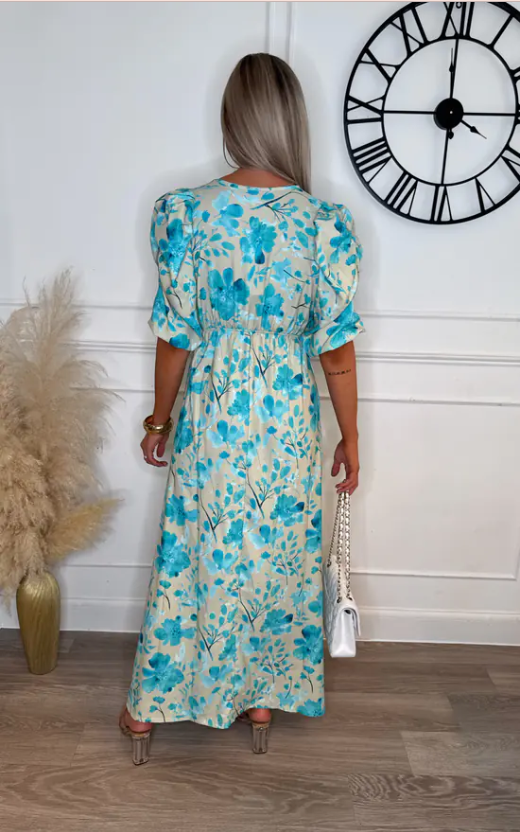 Brooklyn Stone & Blue Floral  Ruched Sleeve Maxi Dress