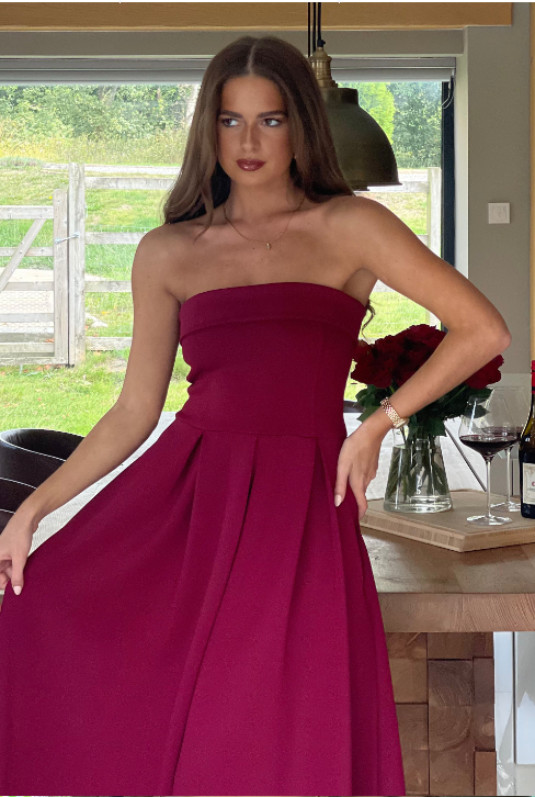 Danni Strapless Bandeau Midi Dress Wine | 1
