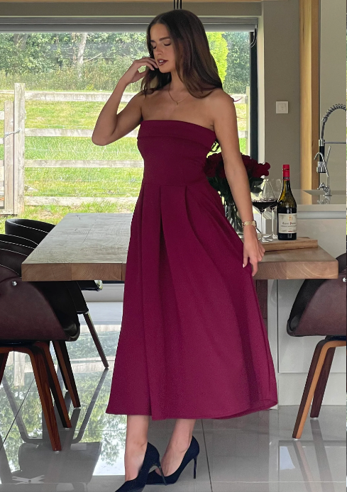 Danni Strapless Bandeau Midi Dress Wine