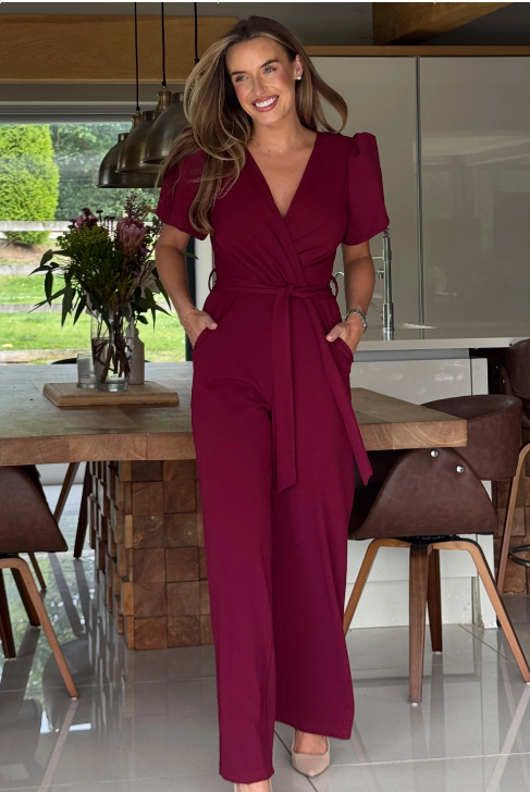 Drew Wrap Neck Puff Sleeve Jumpsuit Berry