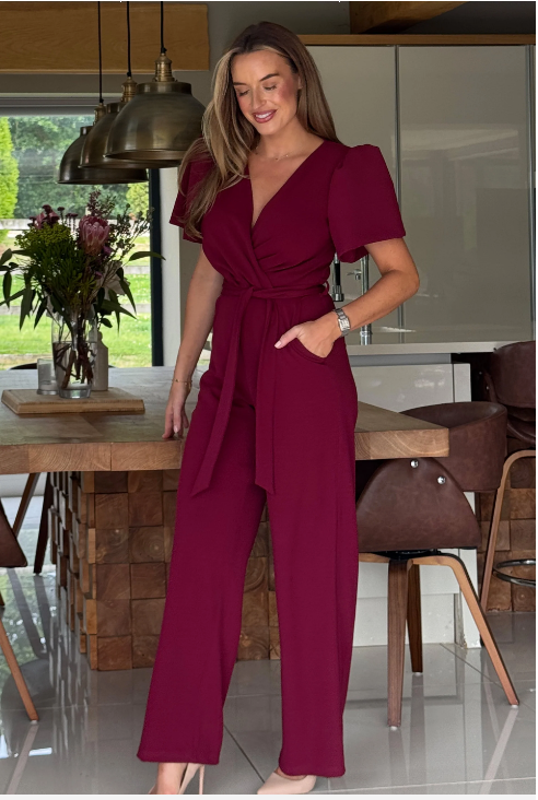 Drew Wrap Neck Puff Sleeve Jumpsuit Berry