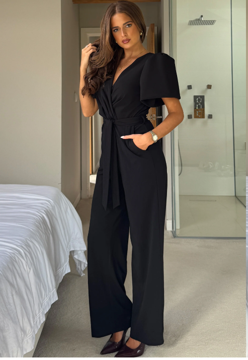Drew Wrap Neck Puff Sleeve Jumpsuit Black