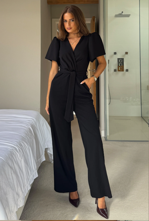 Drew Wrap Neck Puff Sleeve Jumpsuit Black