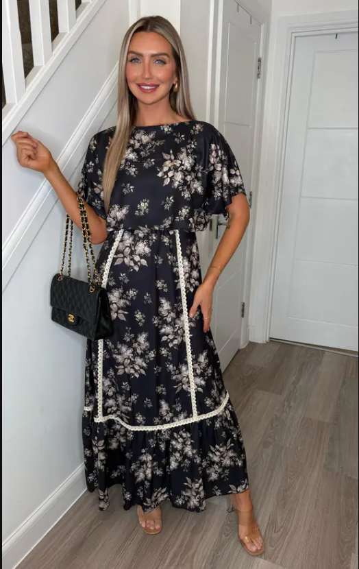 Eden Black Floral Lace Trim Batwing Maxi