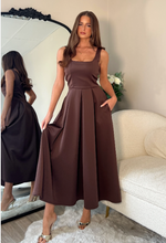 Erica Square Neck Pleated Midi Dress Brown
