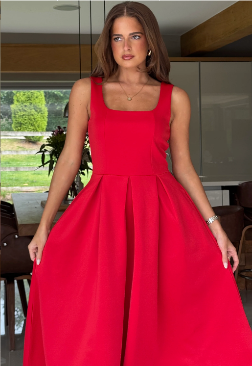 Erica Square Neck Pleated Midi Dress Red | 1