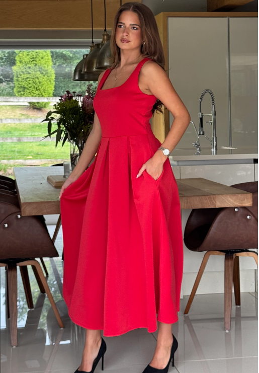 Erica Square Neck Pleated Midi Dress Red