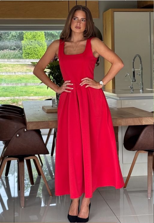 Erica Square Neck Pleated Midi Dress Red
