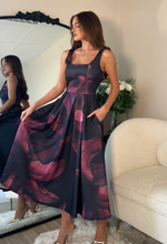 Erica Square Neck Pleated Midi Dress Wine Floral | 1