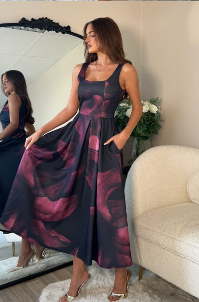 Erica Square Neck Pleated Midi Dress Wine Floral