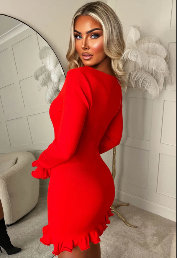 Eva Brights Red Ruffle Knitted Mini Dress
