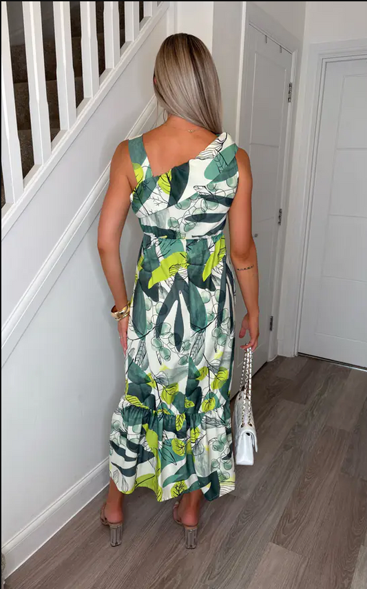 Florine Off-Shoulder Alaska Floral High Low Frill Hem Midi Dress | 1