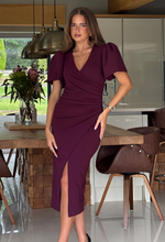 Freya Puff Sleeve Wrap Neck Ruched Midi Plum | 2
