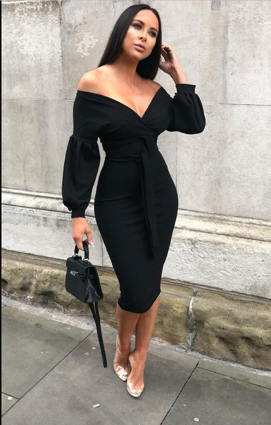 Frozy Black Belted Bodycon Midi Wrap Dress