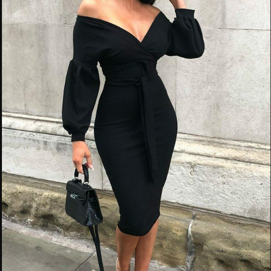 Frozy Black Belted Bodycon Midi Wrap Dress | 2