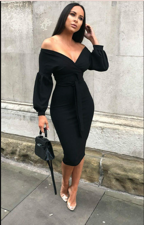 Frozy Black Belted Bodycon Midi Wrap Dress | 2