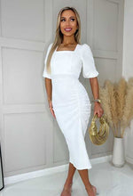 Ivory Square Neck Ruched Midi Dress|1