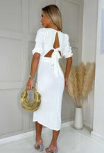 Ivory Square Neck Ruched Midi Dress|2