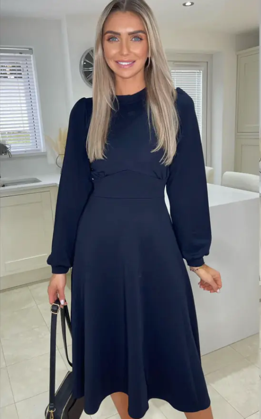 Julietta Navy Puff Sleeve Skater Dress