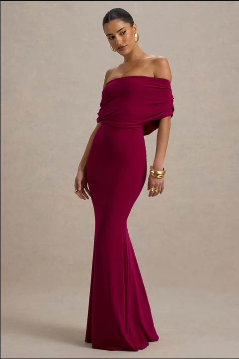 Kaia Wine Bardot Maxi Dress