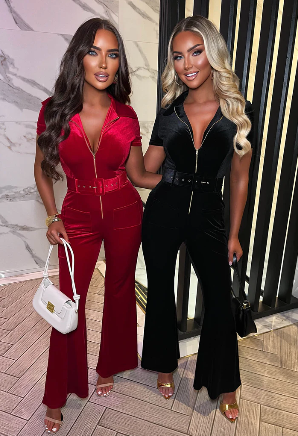 Mia Red Zip Front Velvet Jumpsuit