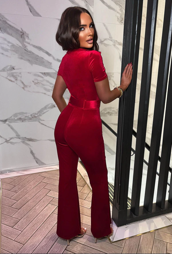 Mia Red Zip Front Velvet Jumpsuit