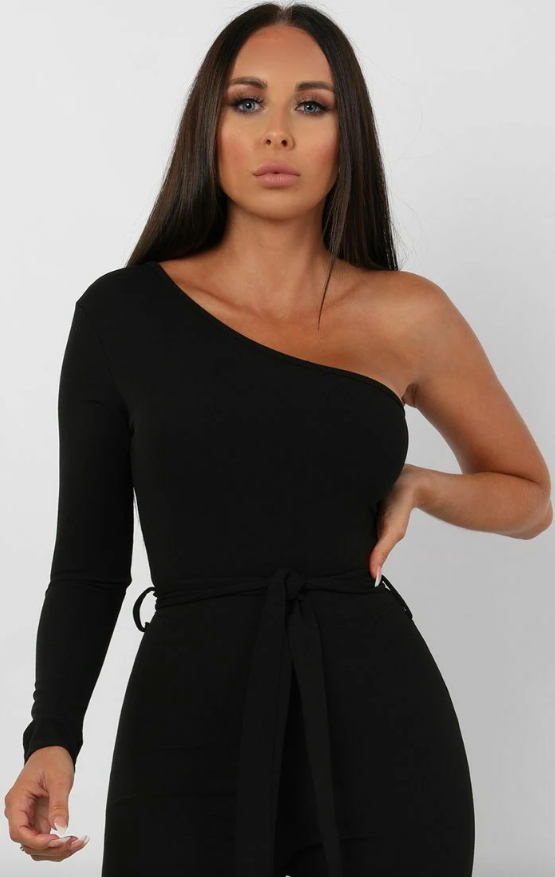 Monali Black Belted One Shoulder Jumpsuit