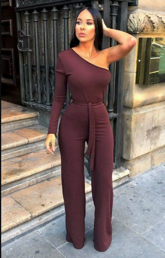 Monali Brown Belted One Shoulder Jumpsuit