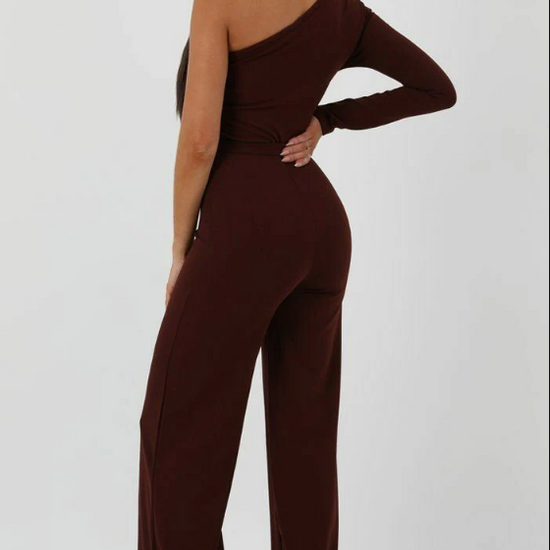 Monali Brown Belted One Shoulder Jumpsuit | 1