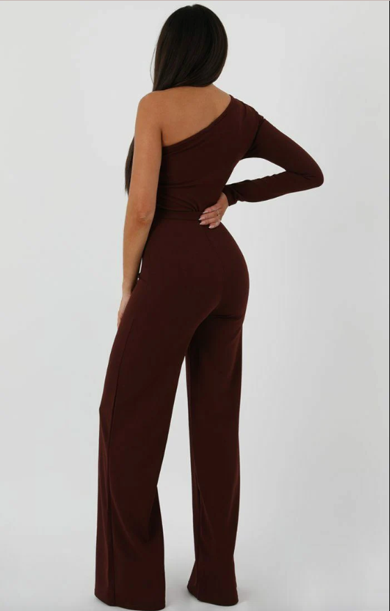 Monali Brown Belted One Shoulder Jumpsuit | 1