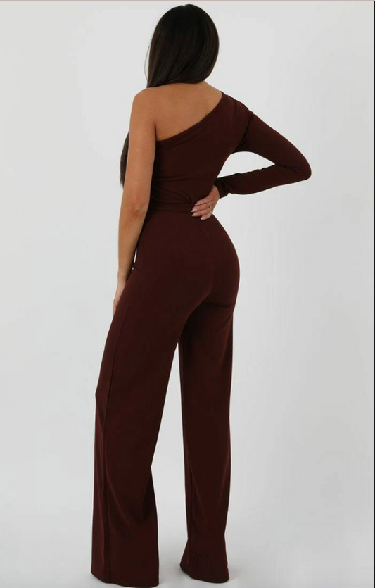 Monali Brown Belted One Shoulder Jumpsuit | 1