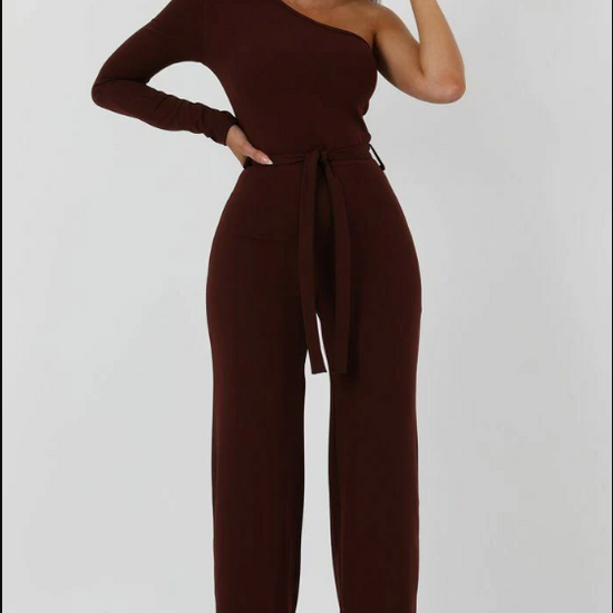 Monali Brown Belted One Shoulder Jumpsuit | 2