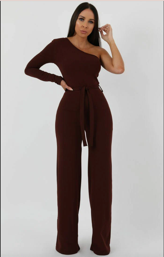 Monali Brown Belted One Shoulder Jumpsuit | 2