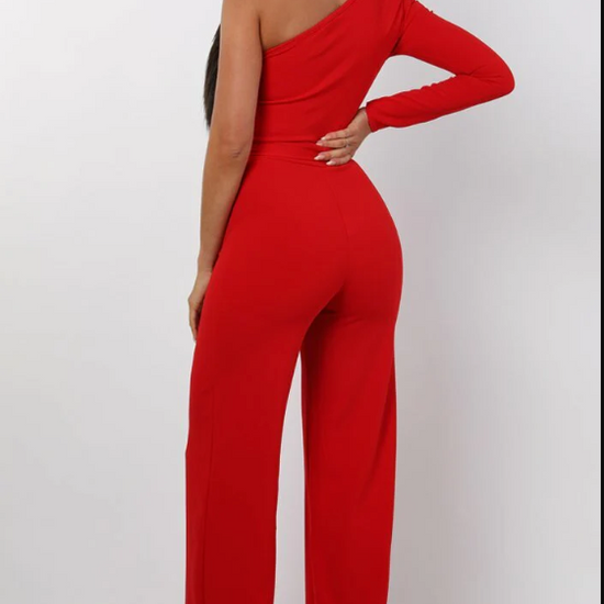 Monali Red Belted One Shoulder Jumpsuit | 1