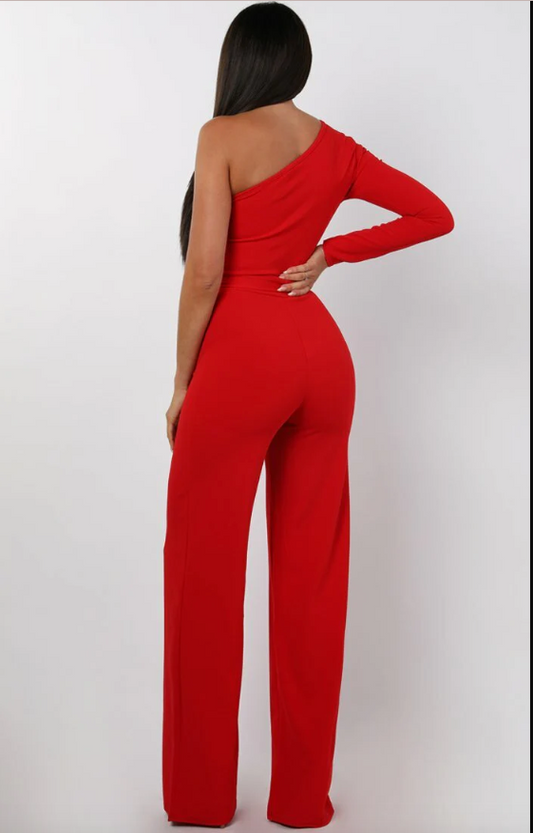 Monali Red Belted One Shoulder Jumpsuit | 1