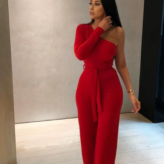 Monali Red Belted One Shoulder Jumpsuit | 2
