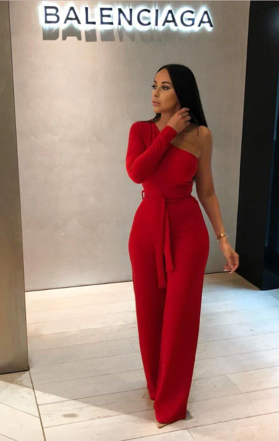 Monali Red Belted One Shoulder Jumpsuit | 2