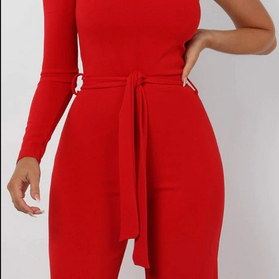 Monali Red Belted One Shoulder Jumpsuit | 3