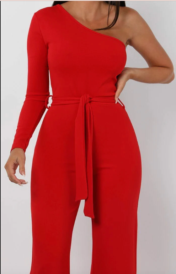 Monali Red Belted One Shoulder Jumpsuit | 3