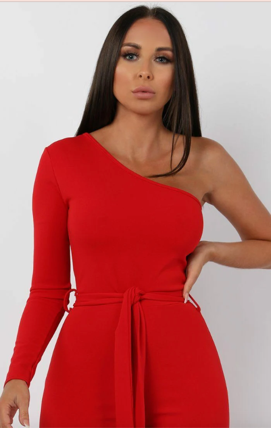 Monali Red Belted One Shoulder Jumpsuit