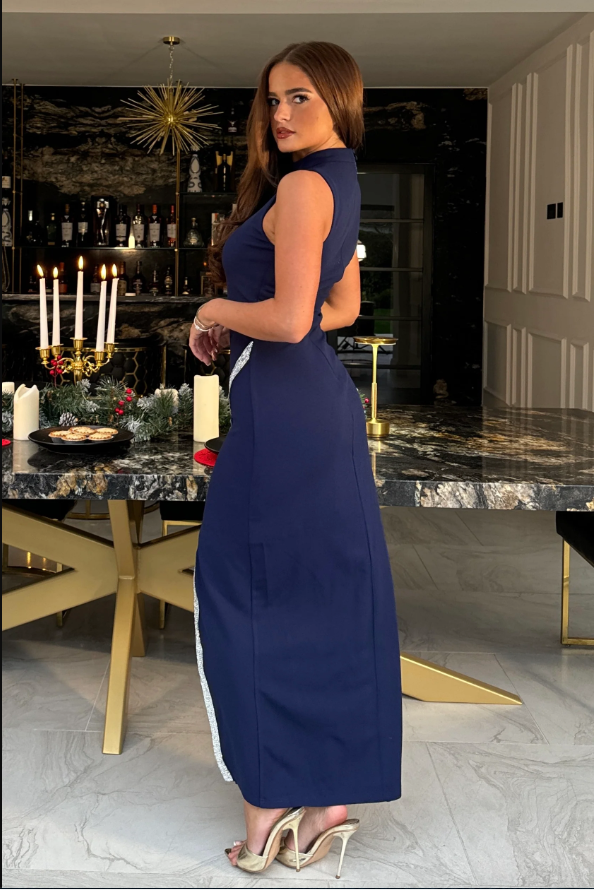 Navy High Neck Maxi With Crystal Split Detail