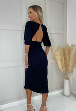 Navy Square Neck Ruched Midi Dress|2
