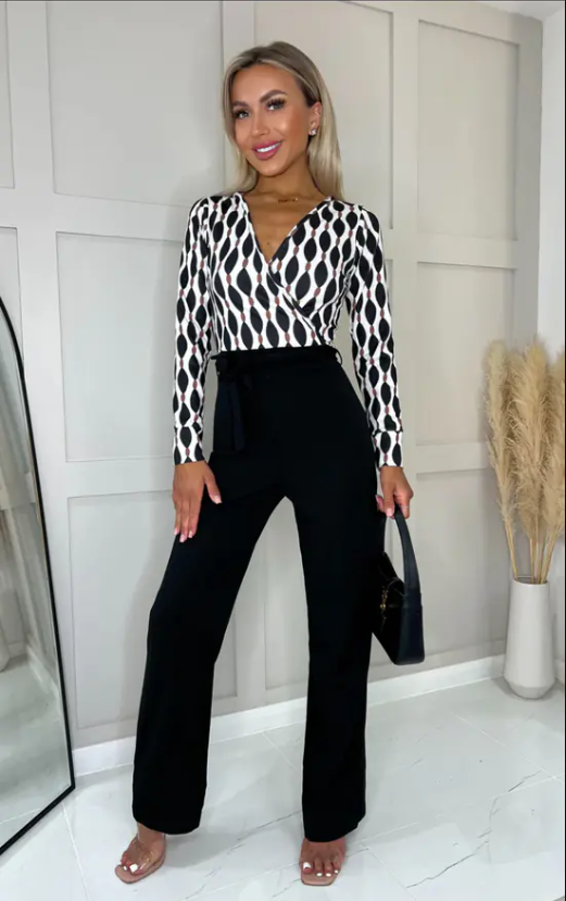 Ogee Wrap Contrast Long Sleeve Jumpsuit