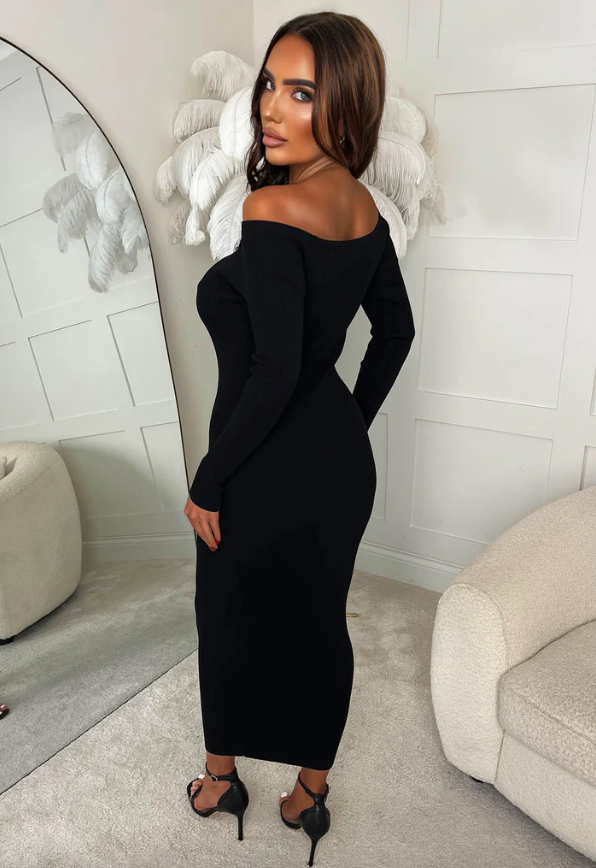 Oshin Black Long Sleeve Rib Cut Out Front Dress