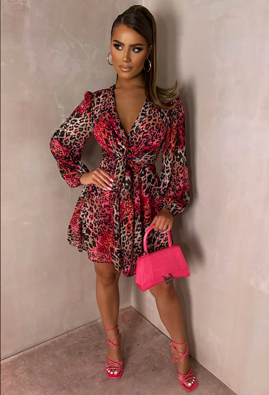 Pink Leopard Print Brenda Knot Front Skater Mini Dress